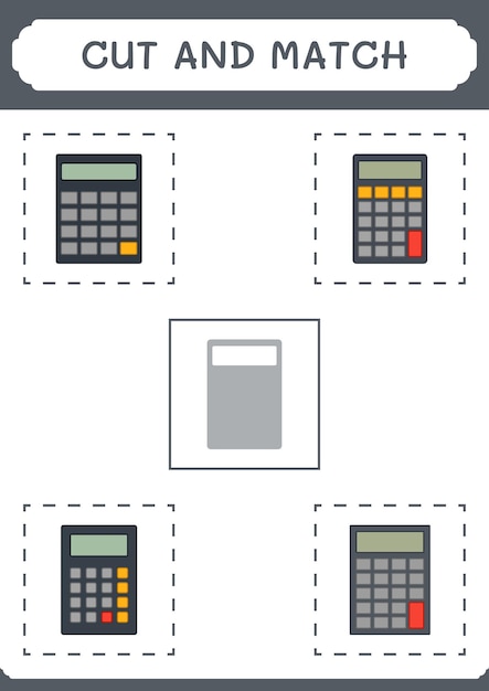 Couper Et Assortir Des Parties Du Jeu De Calculatrice Pour Les Enfants Feuille De Travail Imprimable D'illustration Vectorielle