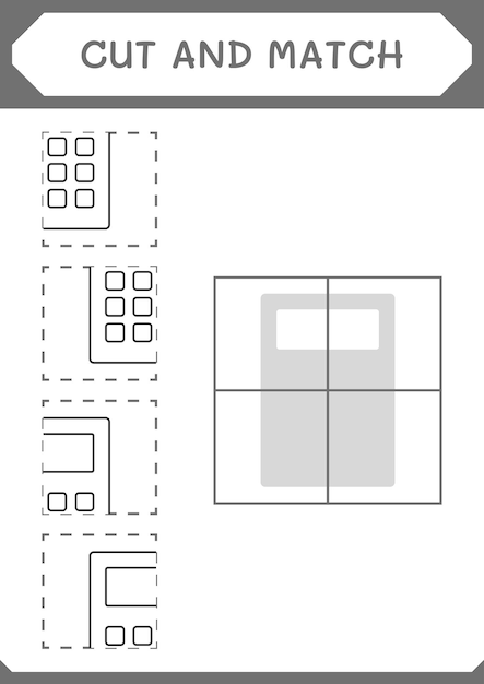 Couper et assortir des parties du jeu de calculatrice pour les enfants Feuille de travail imprimable d'illustration vectorielle