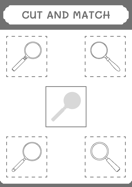 Couper et assortir des parties du jeu de loupe pour enfants Feuille de travail imprimable d'illustration vectorielle