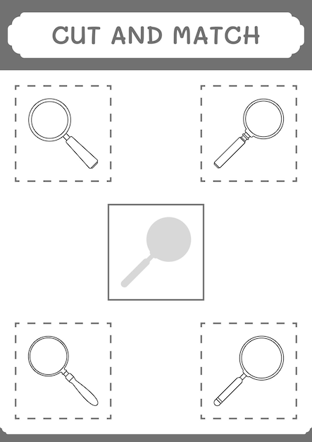Couper et assortir des parties du jeu de loupe pour enfants Feuille de travail imprimable d'illustration vectorielle