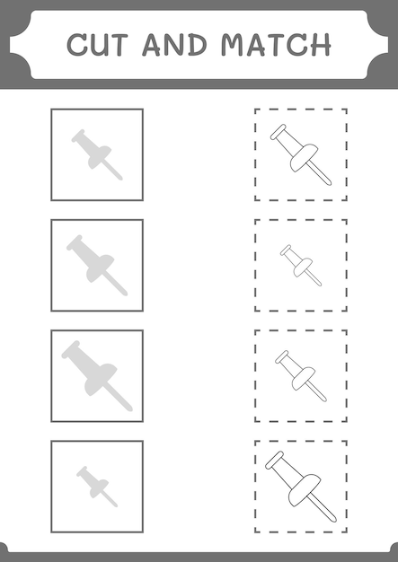 Couper et assortir les parties du jeu de punaise pour les enfants Feuille de travail imprimable d'illustration vectorielle