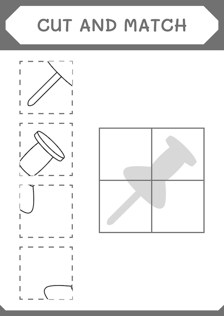 Couper et assortir les parties du jeu de punaise pour les enfants Feuille de travail imprimable d'illustration vectorielle