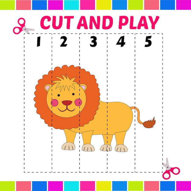 couper et jouer au jeu de feuille de travail sur l'éducation du lion pour les enfants