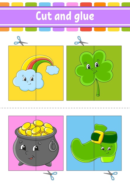 Couper Et Jouer Jeu De Papier Avec De La Colle Cartes Flash Feuille De Travail Sur L'éducation Page D'activité St Patrick's Day Illustration Vectorielle Isolée Style Dessin Animé