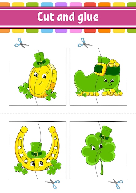 Découpez Et Jouez Jeu De Papier Avec De La Colle Cartes Flash Feuille De  Travail éducative Page D'activité St Patricks Day