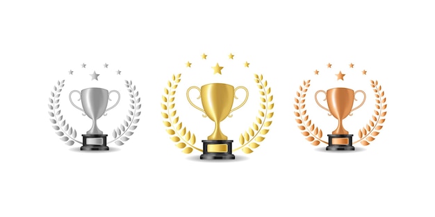 Coupes Trophées En Bronze Doré Argenté. Coupes De Prix Du Gagnant Du Jeu, Icônes De Prix De Gobelet Illustration Vectorielle Avec Des Couronnes De Laurier