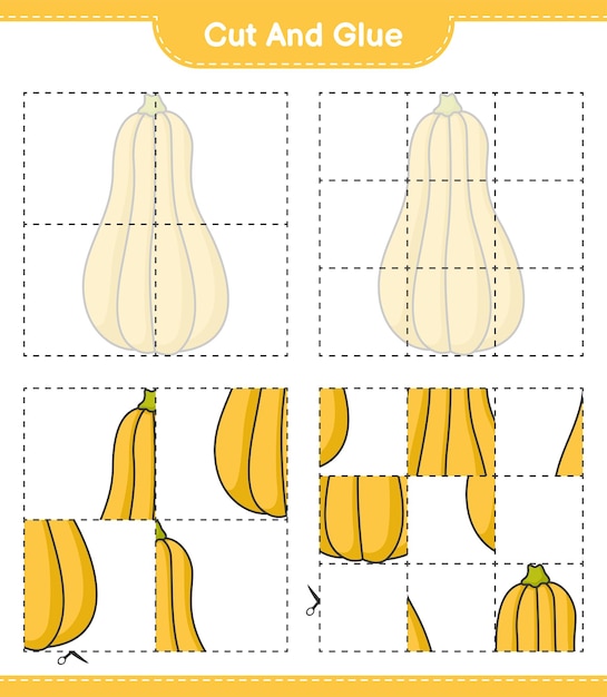 Coupez Et Collez, Coupez Des Morceaux De Courge Musquée Et Collez-les. Jeu éducatif Pour Enfants, Feuille De Calcul Imprimable, Illustration Vectorielle