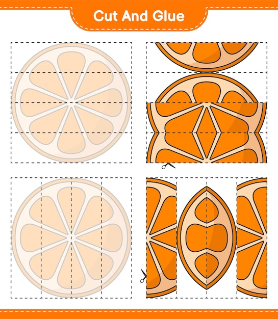 Coupez Et Collez, Coupez Des Morceaux D'orange Et Collez-les. Jeu éducatif Pour Enfants, Feuille De Calcul Imprimable, Illustration Vectorielle