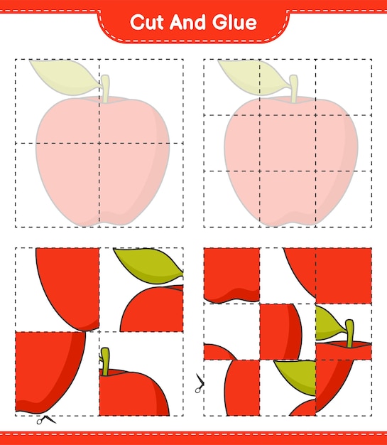 Coupez Et Collez, Coupez Des Morceaux De Pomme Et Collez-les. Jeu éducatif Pour Enfants, Feuille De Calcul Imprimable, Illustration Vectorielle
