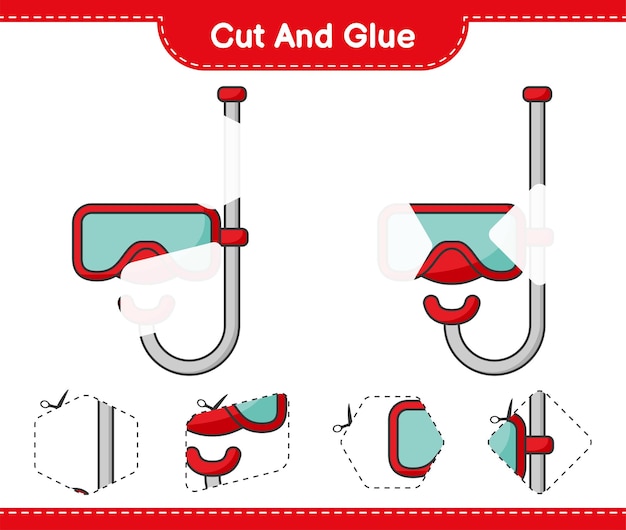 Coupez Et Collez, Coupez Des Parties Du Masque De Plongée Sous-marine Et Collez-les. Jeu éducatif Pour Enfants, Feuille De Calcul Imprimable, Illustration Vectorielle