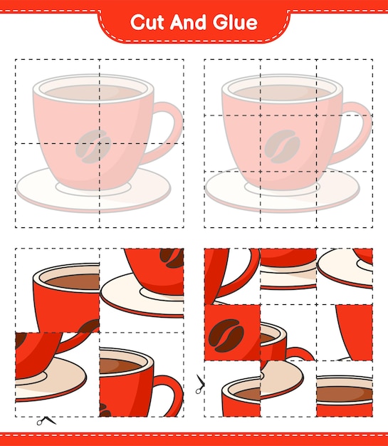 Vecteur coupez et collez, coupez des parties de la tasse à café et collez-les. jeu éducatif pour enfants, feuille de calcul imprimable, illustration vectorielle