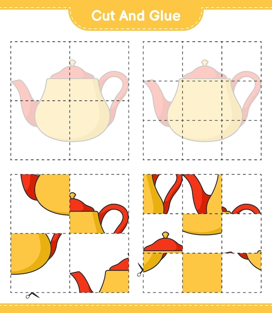 Coupez Et Collez, Coupez Des Parties De La Théière Et Collez-les. Jeu éducatif Pour Enfants, Feuille De Calcul Imprimable, Illustration Vectorielle