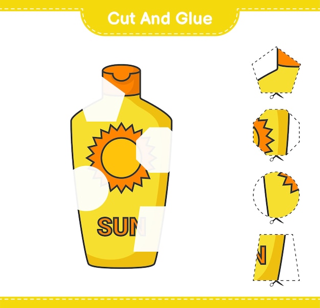 Coupez et collez les parties coupées de la crème solaire et collez-les Feuille de travail imprimable du jeu éducatif pour enfants