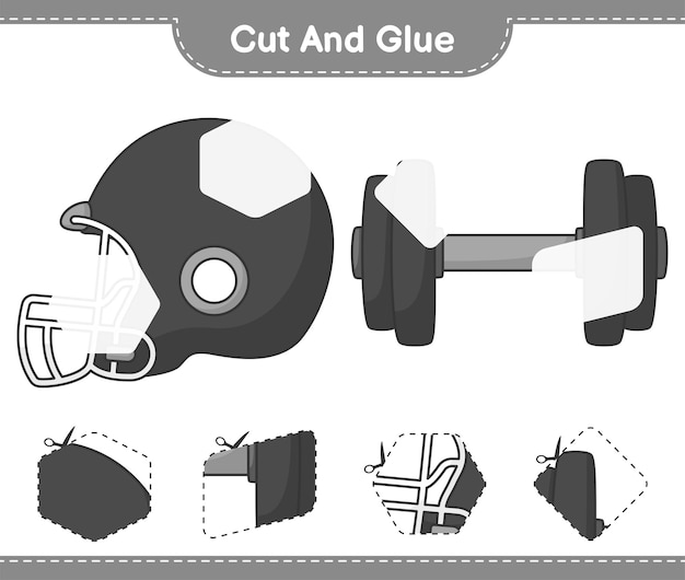Coupez et collez les parties coupées de l'haltère du casque de football et collez-les Illustration vectorielle de feuille de calcul imprimable pour enfants jeu éducatif