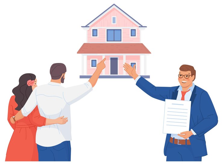 Vecteur couple achetant une maison à un agent immobilier concept d'hypothèque