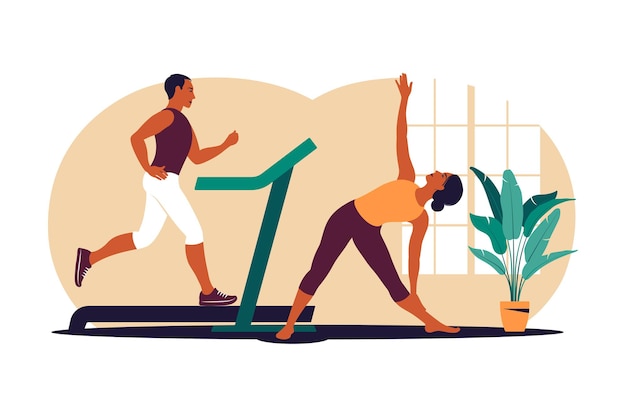 Couple Actif Faisant De L'exercice. Homme Et Femme S'entraînant Ensemble à La Maison. Du Sport Dans Un Intérieur Cosy. Illustration Vectorielle. Plat.