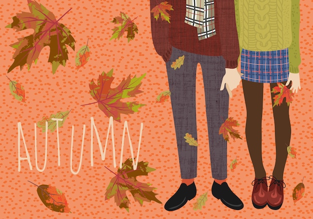 Couple D'adolescents Et Chute Des Feuilles D'automne.