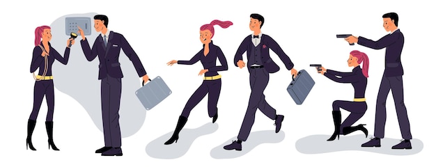 Couple d'agents secrets espions sous couverture homme et femme en vêtements stricts super-héros professionnels personnes avec des armes ou des mallettes personnages de thriller personnages de détective vectoriel grincheux