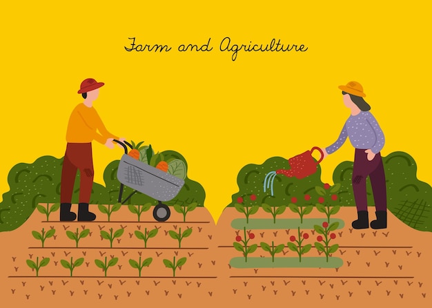 Couple D'agriculteurs Travaillant Dans La Conception D'illustration Vectorielle Scène Cultive