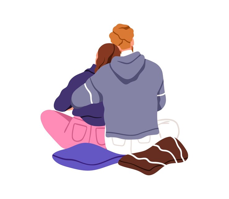Vecteur couple d'amour à l'arrière assis et étreint un jeune homme et une jeune femme s'embrassant dans les bras valentins amants dans des relations amoureuses illustration vectorielle plate isolée sur fond blanc
