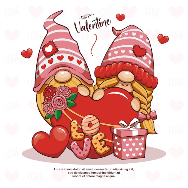 Vecteur couple amour de gnome mignon avec boîte-cadeau. conception de carte de voeux saint valentin, illustration de dessin animé