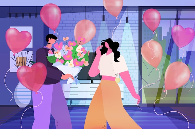 Couple D'amoureux Célébrant L'heureuse Saint Valentin Homme Femme Amoureuse Debout Avec Des Fleurs Et Des Ballons à Air Rose Salon Intérieur Portrait Horizontal Illustration Vectorielle