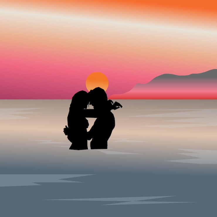 Vecteur couple d'amoureux dans la mer au coucher du soleil romantique en illustration silhouette