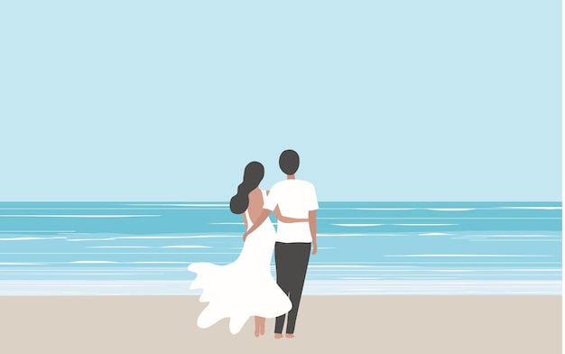 Vecteur couple d'amoureux debout sur l'illustration vectorielle de plage concept d'heure d'été romantique