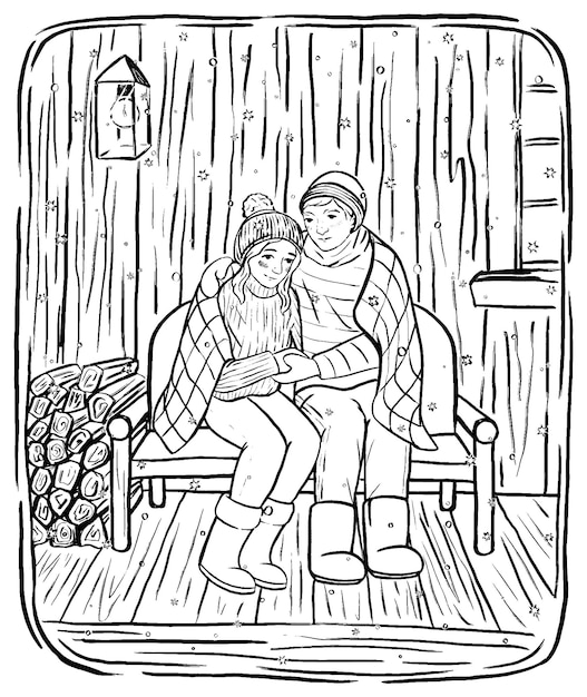 Un Couple D'amoureux Est Assis Sous Une Couverture Sur La Véranda. Vacances D'hiver Romantiques. Illustration Vectorielle De Style Croquis. Décrire Le Dessin Rétro.