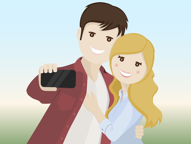Vecteur couple d'amoureux faisant un selfie