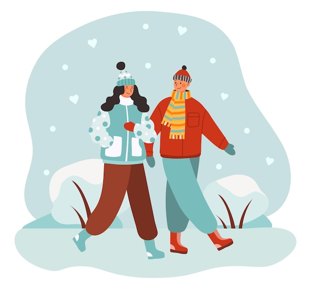 Vecteur un couple amoureux en hiver un garçon et une fille marchant sous la neige une date de noël romantique