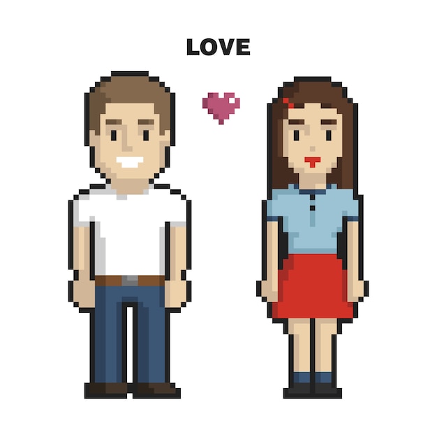 Couple Amoureux Pixel Art Sur Fond Blanc Vecteur Premium