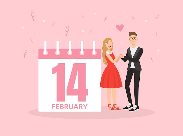 Vecteur un couple d'amoureux s'embrassant devant un calendrier avec une illustration vectorielle de la fête de la saint-valentin du 14 février