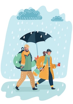 Couple d'amoureux sous un parapluie beau mec et la fille dans des vêtements à la mode