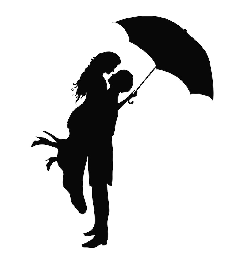 Vecteur couple amoureux sous parapluie silhouette illustration vectorielle