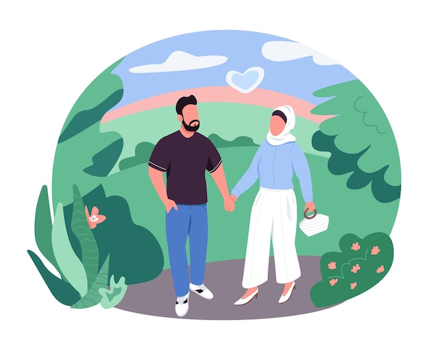 Couple Arabe Sur La Bannière Web De Marche 2d, Affiche. Homme Et Femme Dans Le Parc Se Tiennent La Main. Personnages Plats De Famille Musulmane Sur Fond De Dessin Animé. Patch Imprimable De Vacances Romantiques, élément Web Coloré