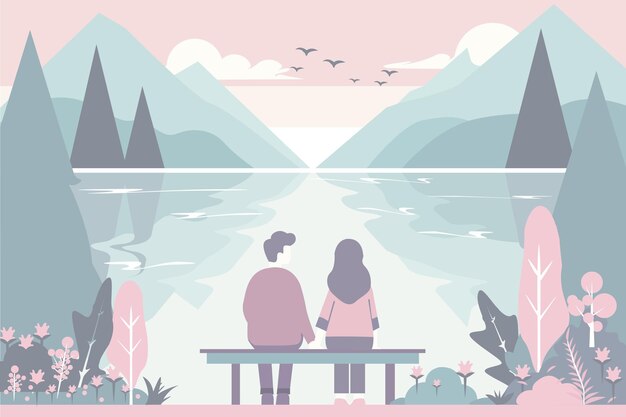 Vecteur couple assis avec vue sur le lac illustration colorée