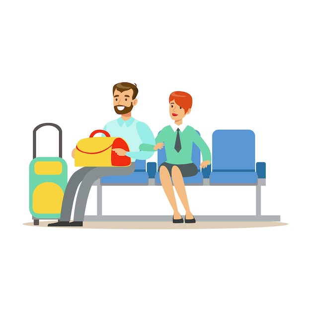 Couple En Attente D'un Vol Dans La Zone D'attente, Une Partie De L'aéroport Et Des Scènes Liées Au Voyage Aérien Série D'illustrations Vectorielles. Personnage De Dessin Animé Souriant Dans Le Bâtiment De L'aéroport Voyageant En Avion.