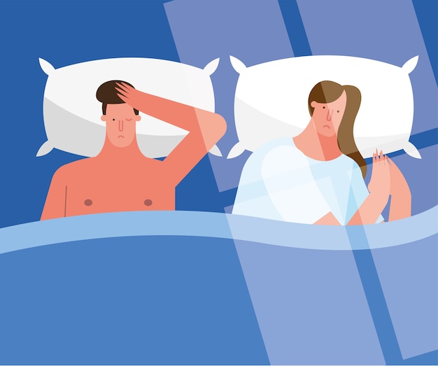 Couple Au Lit Pensant Souffrant D'insomnie Caractères Vector Illustration Design