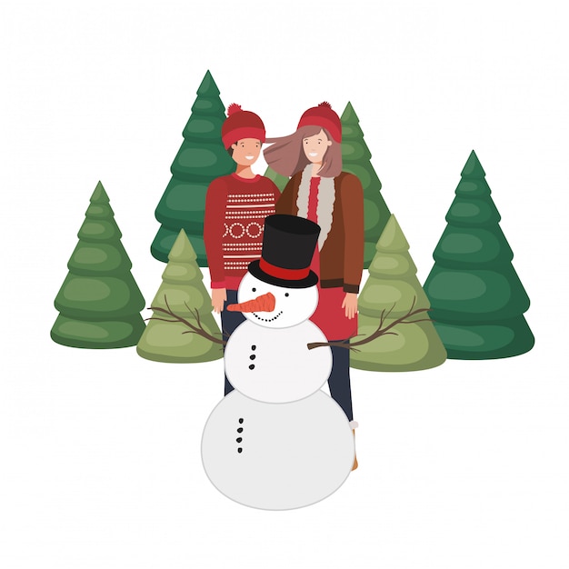 Couple Avec Bonhomme De Neige Et Pins