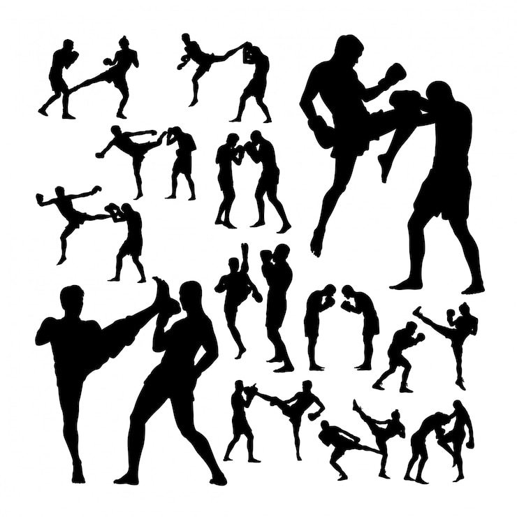Vecteur couple, boxe thaï, art martial, silhouettes