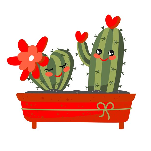 Vecteur un couple de cactus amoureux dans un pot rouge.