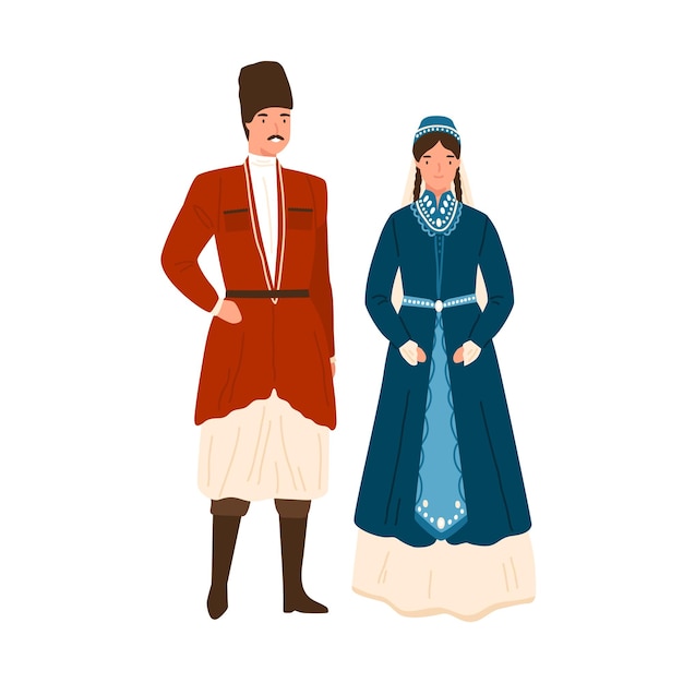 Couple Caucasien En Illustration Plate De Vecteur De Vêtements Traditionnels. Homme Et Femme Géorgiens En Coiffure Nationale Et Vêtements Isolés Sur Blanc. Personnes Portant Des Vêtements Folkloriques Décorés D'éléments De Design.