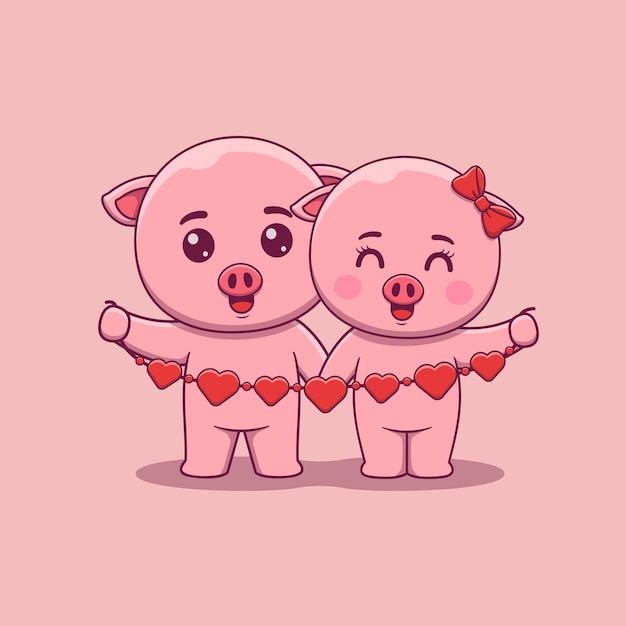 Vecteur couple de cochon mignon saint valentin tenant une guirlande de coeurs