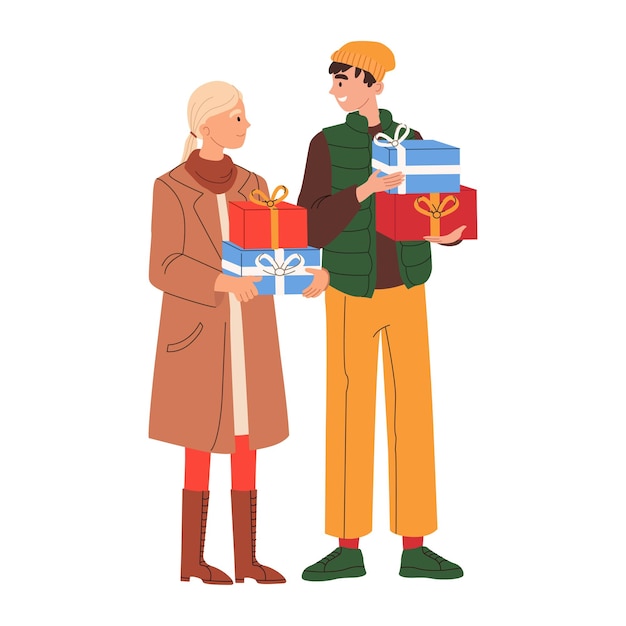 Vecteur couple avec coffrets cadeaux pour noël et nouvel an. homme et femme pendant la préparation des vacances de noël.