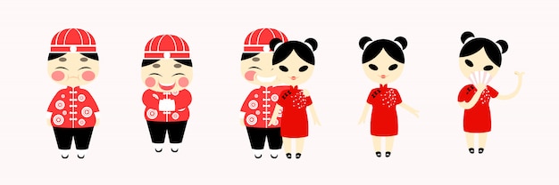 Vecteur couple costume chinois rouge traditionnel, heureux gros homme et fille dessin animé personnage design plat.