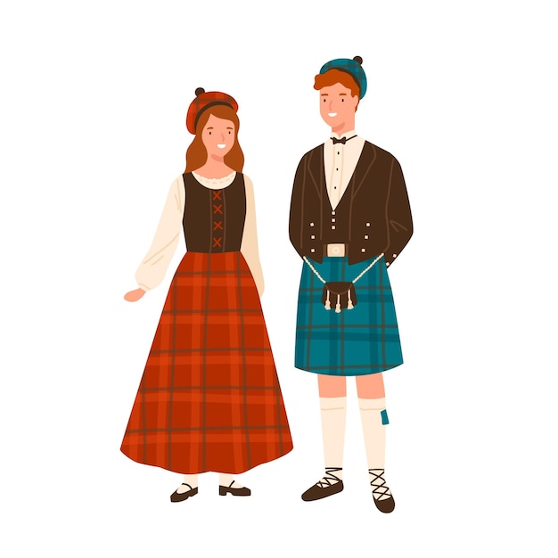 Vecteur couple en costumes nationaux écossais vector illustration plate. homme en coiffure et kilt traditionnel. femme en jupe ou robe tartan. gens en costume écossais folklorique coloré isolés sur blanc.