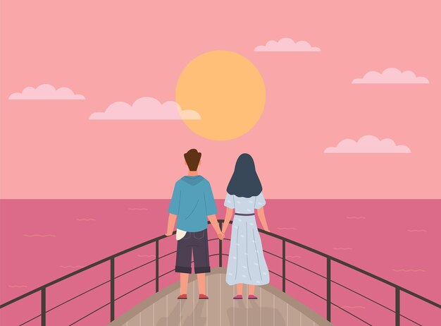 Couple et coucher de soleil. Heureux jeune homme et femme à la date regarder le soleil sur le navire, paire vue arrière horizon, relations romantiques valentines ou modèle de carte de mariage, concept de vecteur d'amour et de relation