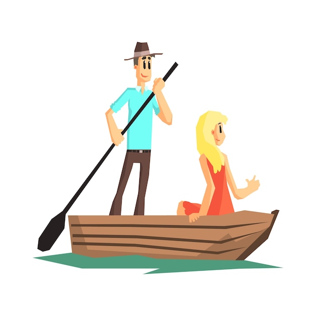 Couple Dans Un Bateau En Bois Vecteur Plat Simplifié Illustration De Style Dessin Animé Enfantin Isolé Sur Fond Blanc