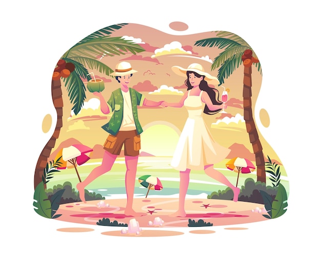 Un Couple Danse à La Fête De Plage D'été Dans L'illustration De L'après-midi